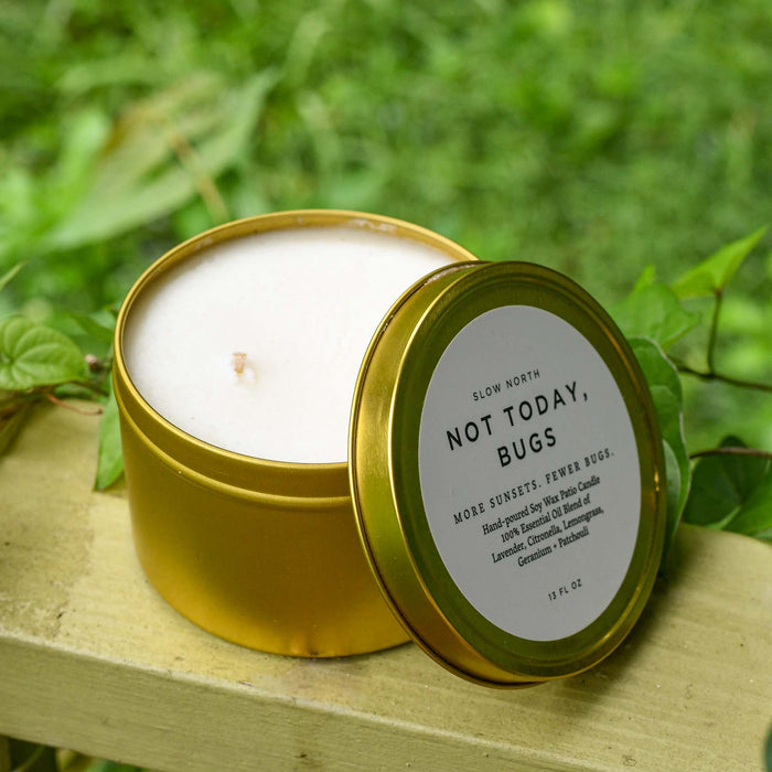 Two wick outdoor big reppelling candle. From Slow North. Not Today Bugs. Citronella and Lemongrass essential oil blend.