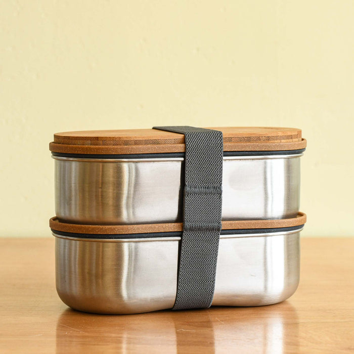 Stainless steel and bamboo lid stackable lunchbox. From Black and Blum.