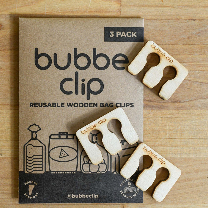 Three pack wooden bubbe clips for chips and bags.