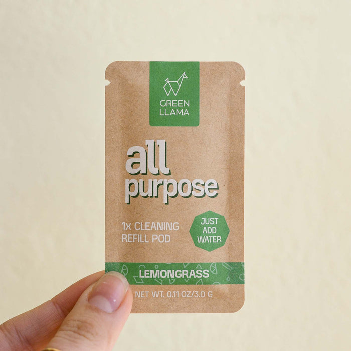Compostable pouch with PVA cleaning pod inside. All Purpose. By Green Llama. Made in Johnson City, TN.