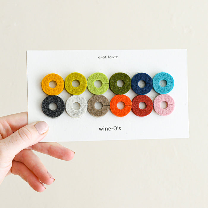 Graf Lantz wool felted wine-O's for drink tracking. Stem or rims.