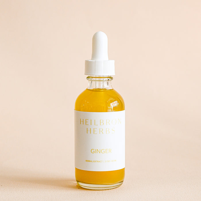 Glass bottle with ginger tincture. From Heilbron Herbs. Made in Marshall, NC by herbalists.