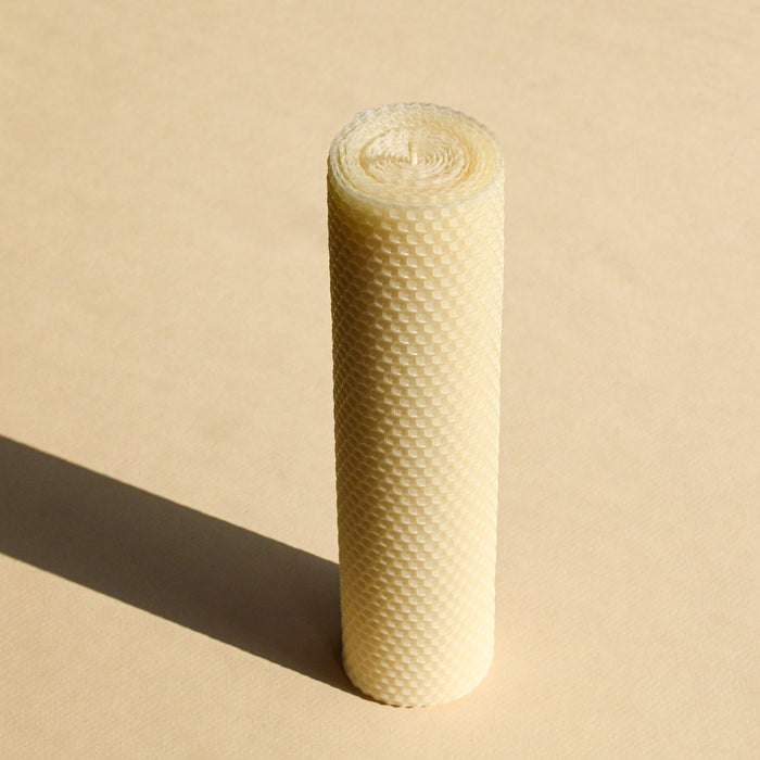 Rolled dripless beeswax candle with cotton wick. made in Black Mountain, NC.