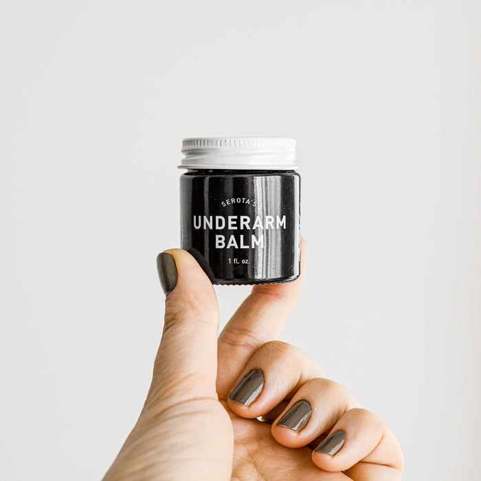 Serota's underarm balm natural deodorant in glass amber jar. Refillable.