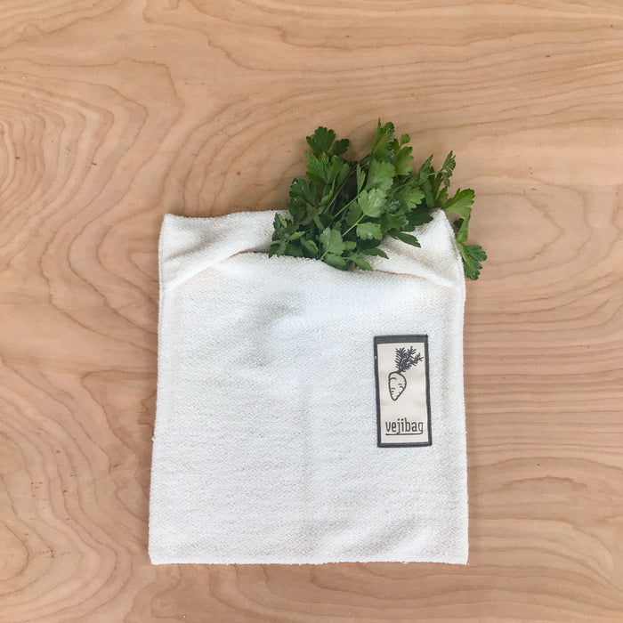 Cotton veggie crisper bags. Vejibag zero waste and plastic free. Keep vegetables fresh for longer. Standard size with Cilantro.