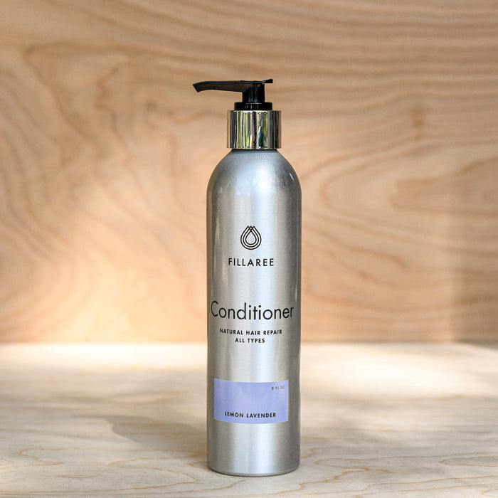 Aluminum bottle of lemon lavender conditioner by Fillaree. Refillable.