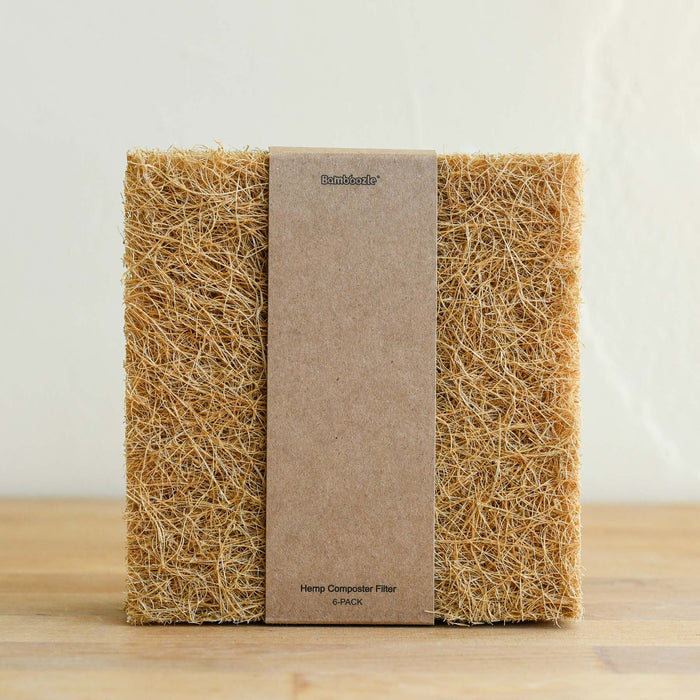 A compostable hemp filter for countertop compost pails, buckets, bins, or containers in the kitchen.