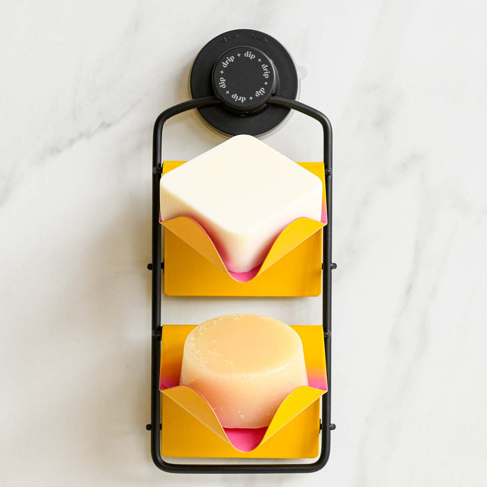 Yellow and pink sunset shampoo and conditioner solid bar wall mounted drainer. Designed by Dip. 