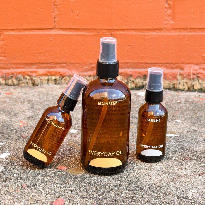 Everyday oil made in Asheville, NC. Baseline, early morning, and mainstay scents in large and travel sizes. 