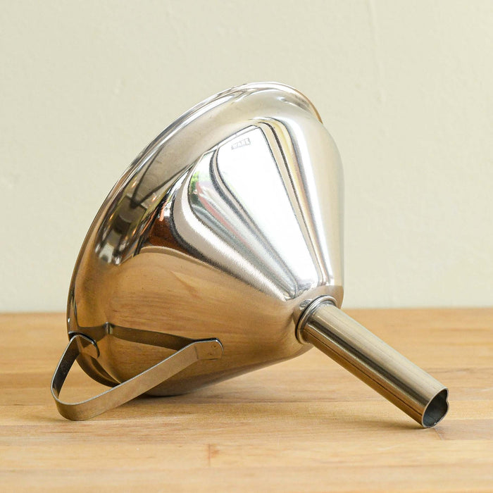 Stainless steel funnel with wide mouth and narrow neck. Loop handle. 