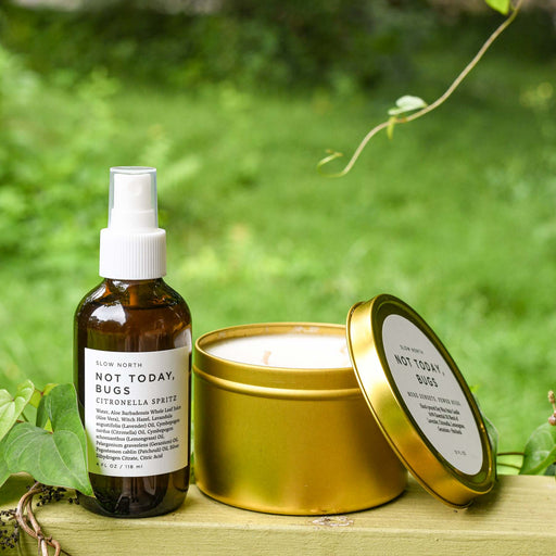 From Slow North. Not Today, Bugs. Bug repelling candle and natural bug spray.