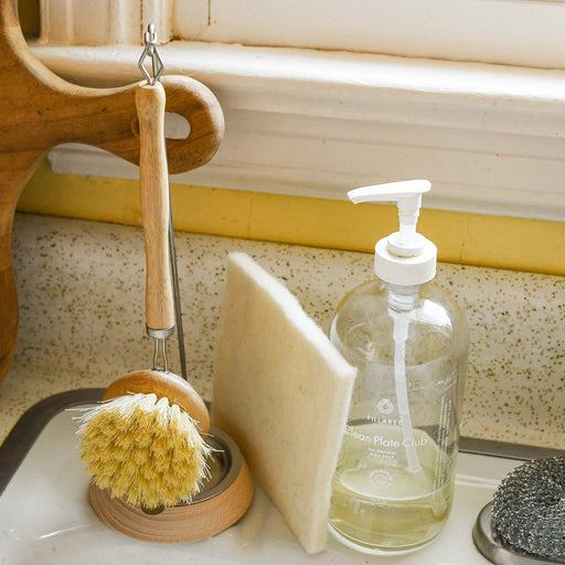 Dish brush stand on sink with dish brush hanging. Metal drip tray catch. Easy clean.