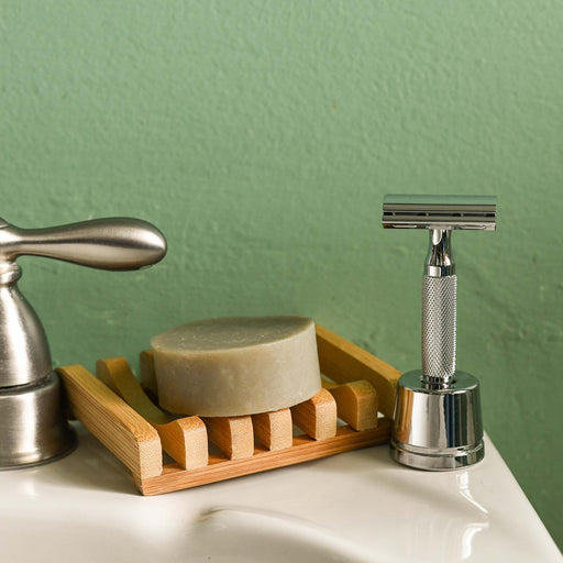 Shave and Face soap on bamboo soap tray with Rockwell razor in gunmetal. 