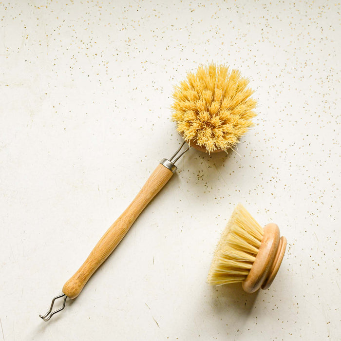 Zero waste dish brush. Beechwood handle and agave bristle removable dish head. Hook on the bottom. 