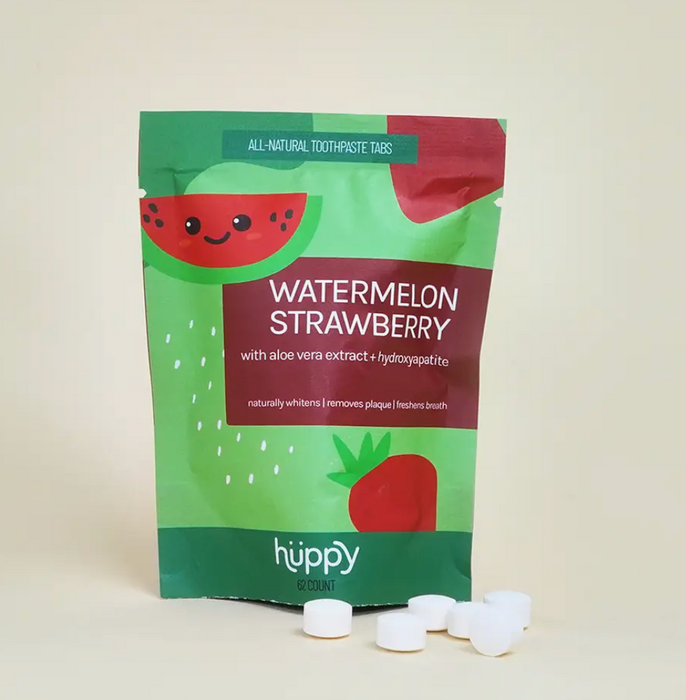 Refillable pouch of Huppy watermelon strawberry toothpaste tabs. 1 month supply.