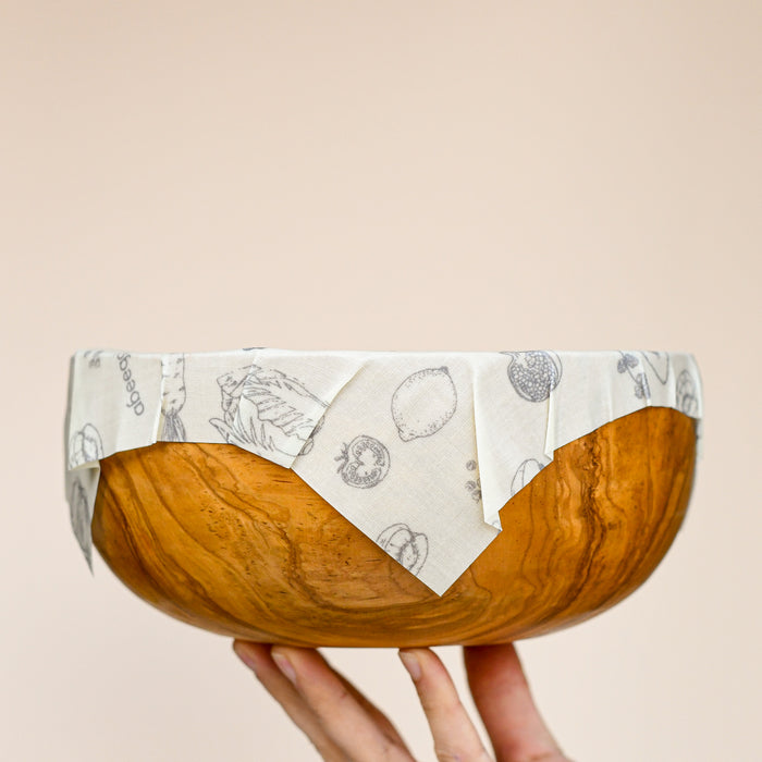 Abeego beeswax wrap on bowl.