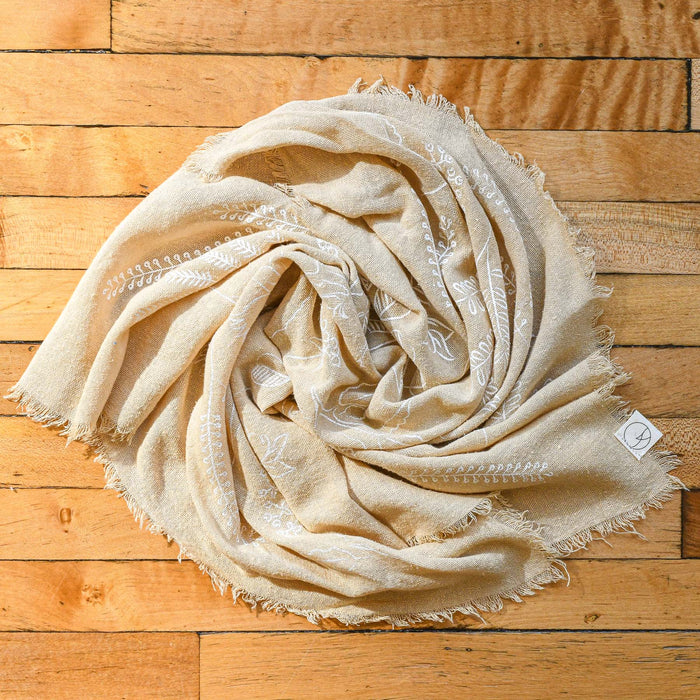 Botanical print oatmeal plant died raw silk bandana.