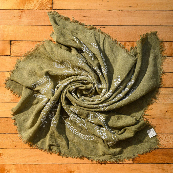 Botanical print olive plant died raw silk bandana.