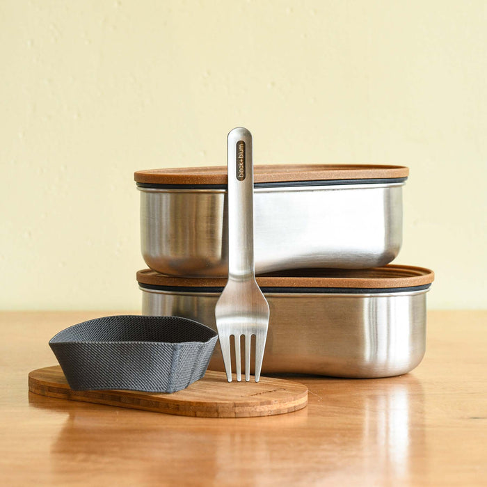 Stackable lunchbox deconstructed with fork displayed. From Black and Blum. 