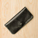 Leather black long wallet with snap closure. Made in Boone, NC.