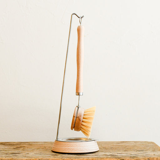 Single dish brish stand. Wood base with metal drip catch. Replaceable dish brush with hook being used in the image.