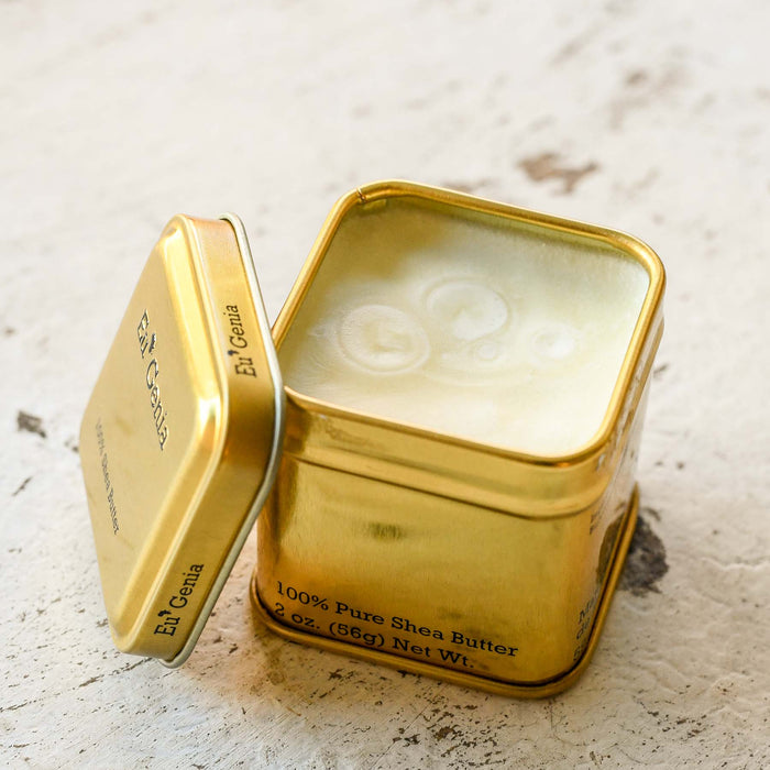 Gold tin with 100% pure shea butter. Made in Atlanta, GA