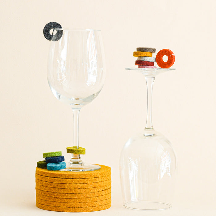 Graf Lantz wool felted wine-O's for drink tracking. Stem or rims.