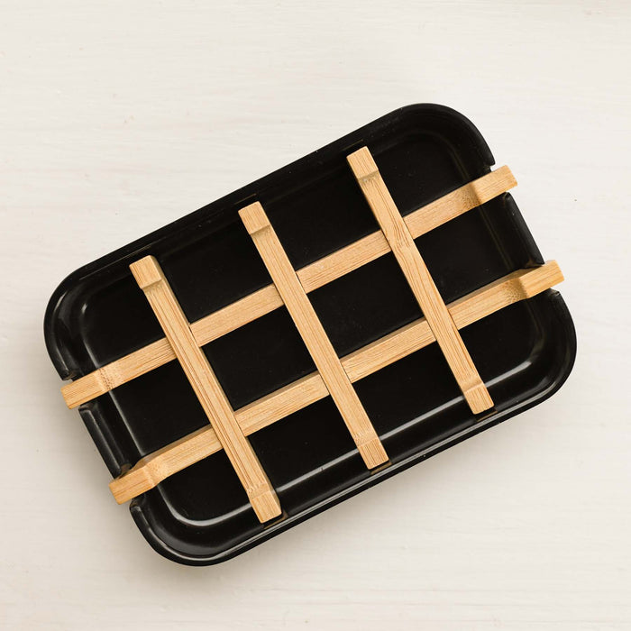 Singular black bamboo grid soap dish.