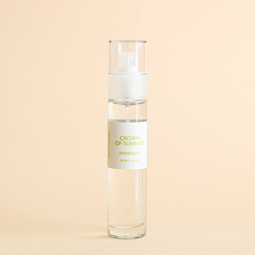 Hydrosol in glass spray bottle. Made by heilbron herbs. "Crown of Summer".  Made in WNC.
