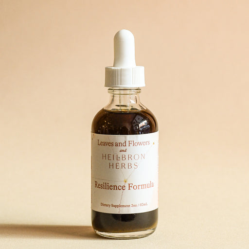 Glass dropper with Resilience Formula tincture from Heilbron Herbs. Made in Marshall, NC