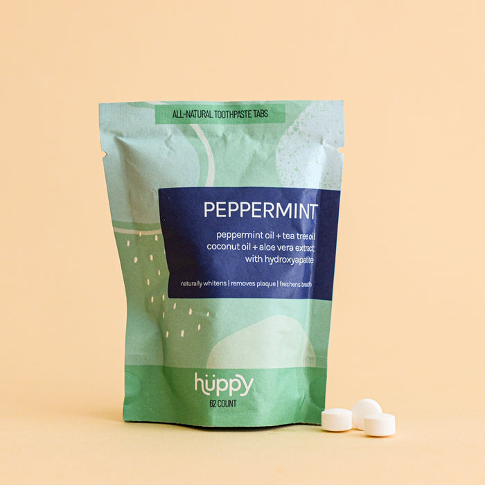 Refillable pouch of Huppy peppermint toothpaste tabs. 1 month supply. 