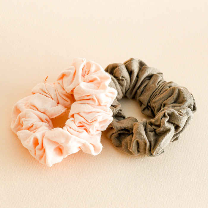 Blush and walnut organic cotton scrunchies. By Kooshoo.