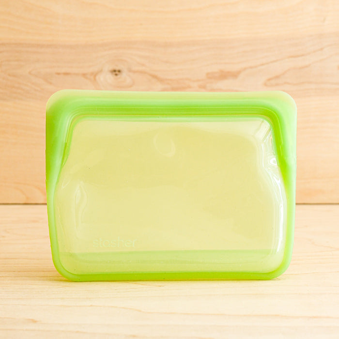 Stasher silicone medical and food grade safe reusable plastic bags. Mini stand up in Green.