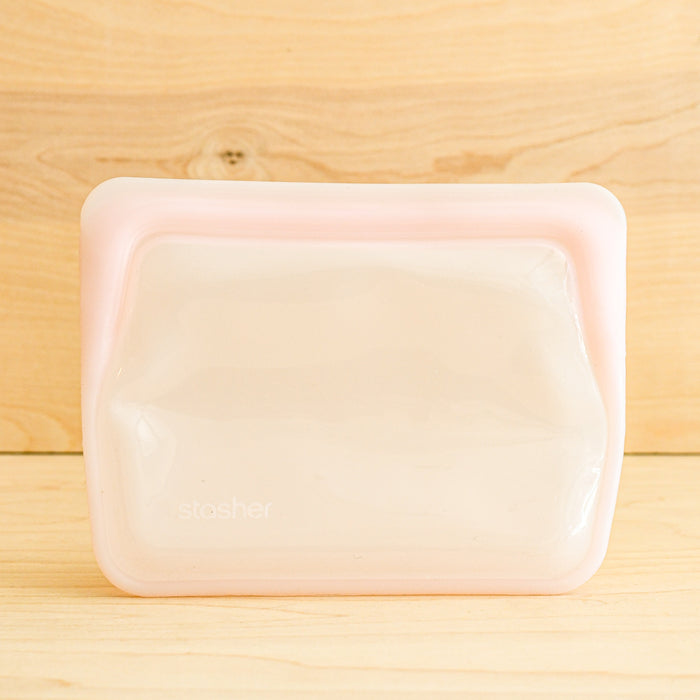 Stasher silicone medical and food grade safe reusable plastic bags. Mini stand up in Pink.