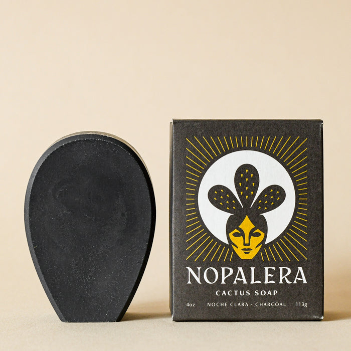 Packaged and unpackaged charcoal cactus soap. From Nopalera. Noche Clara.