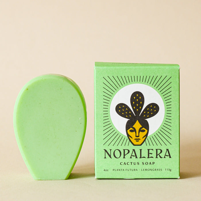 Packaged and unpackaged lemongrass cactus soap. From Nopalera. Planta Futura.