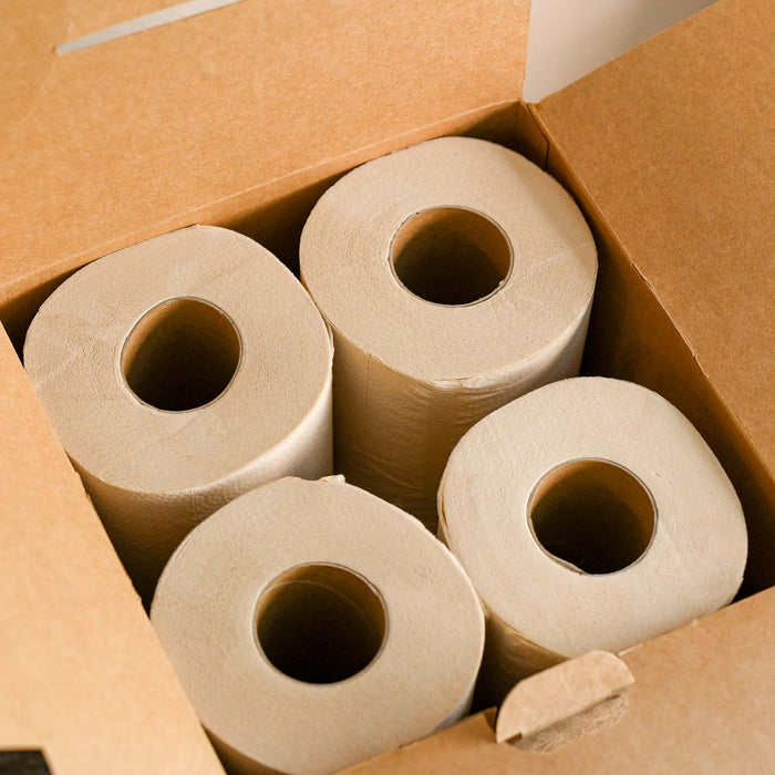 Open top box of the eight pack of bamboo toilet paper. From Plant Paper.
