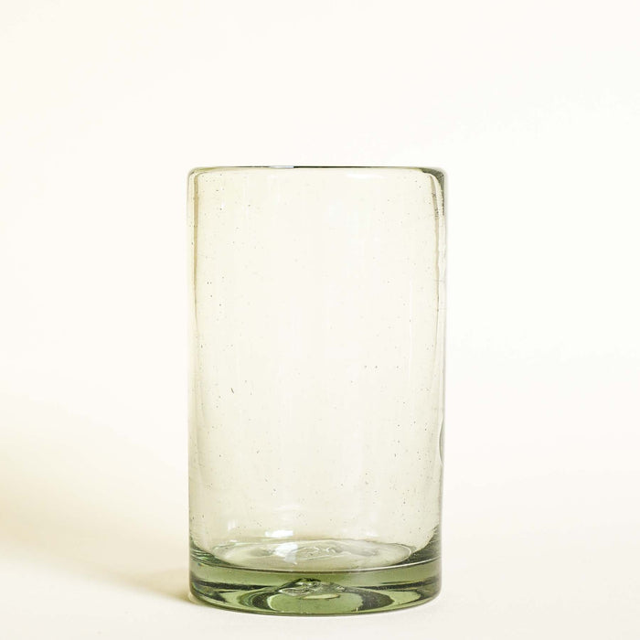 Clear recycled drinking glass from Mexico.