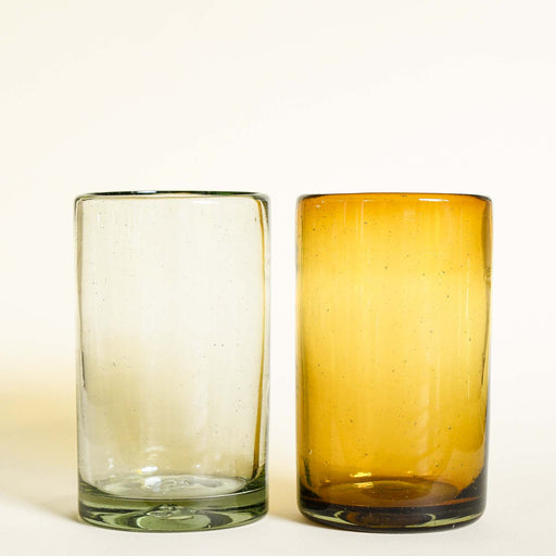 Clear and Amber recycled drinking glasses. 