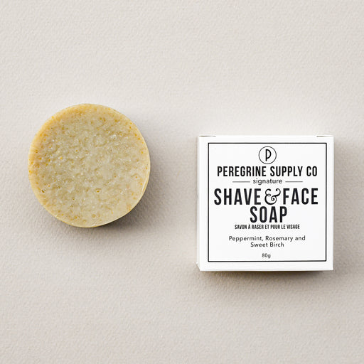 Solid round soap bar of shave and face soap. From Peregrine Supply.