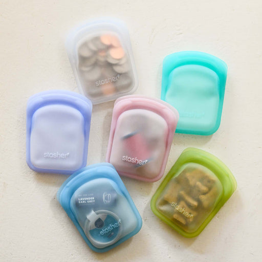 Stasher silicone medical and food grade safe reusable plastic bags. Pocket Duo in various colors.