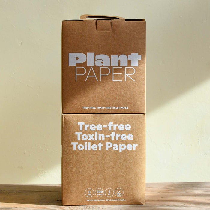 Two boxes of bamboo toilet paper stacked on top of each other. From Plant Paper.