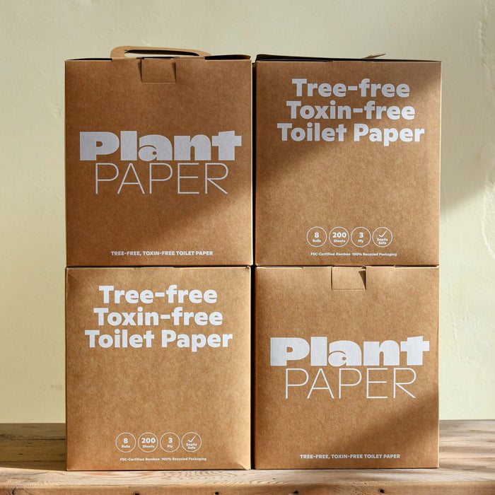 Four boxes of bamboo toilet paper stacked together. A total of 32 rolls. From Plant Paper.