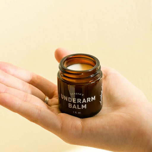 serota's underarm balm natural deodorant, available to refill in our refill stationSerota's underarm balm natural deodorant in glass amber jar. Refillable. 